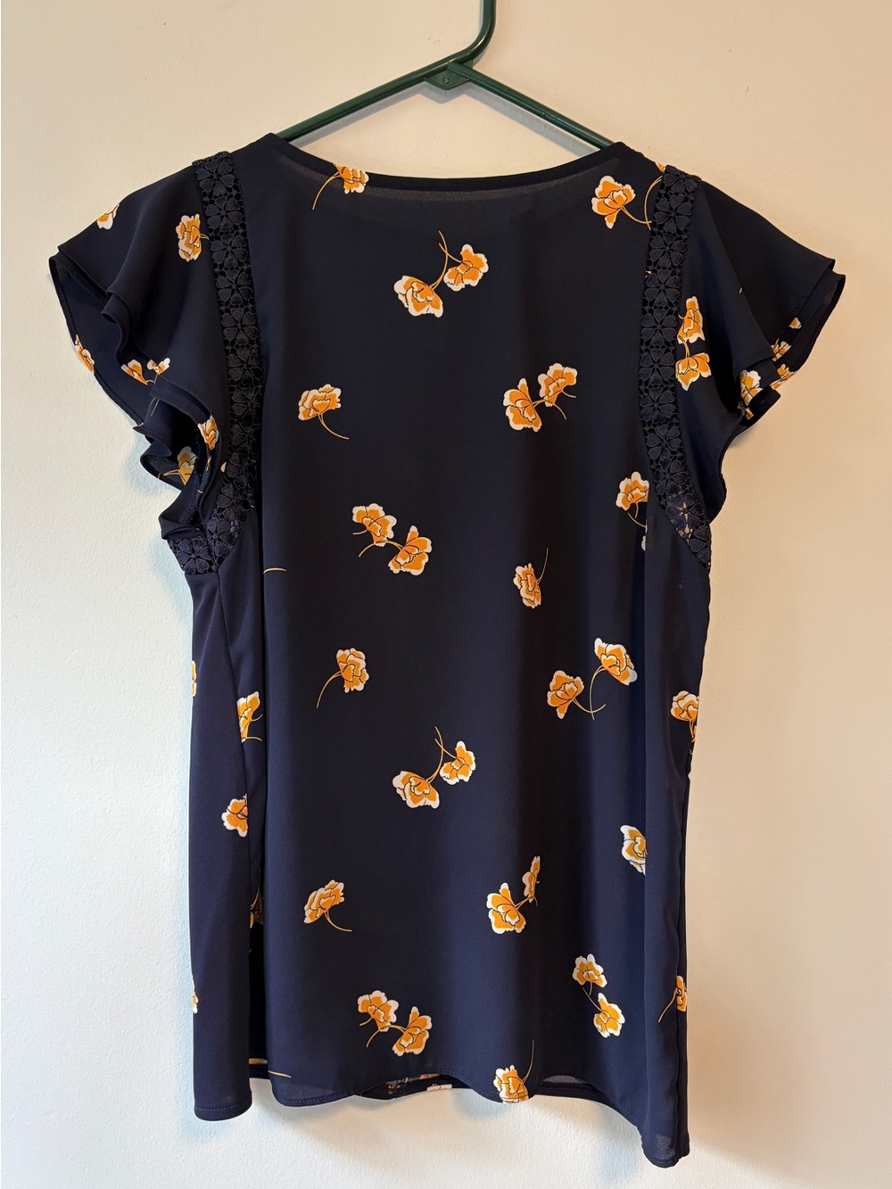 Ann Taylor Navy Floral Ruffle Sleeve Blouse Small Lace Trim